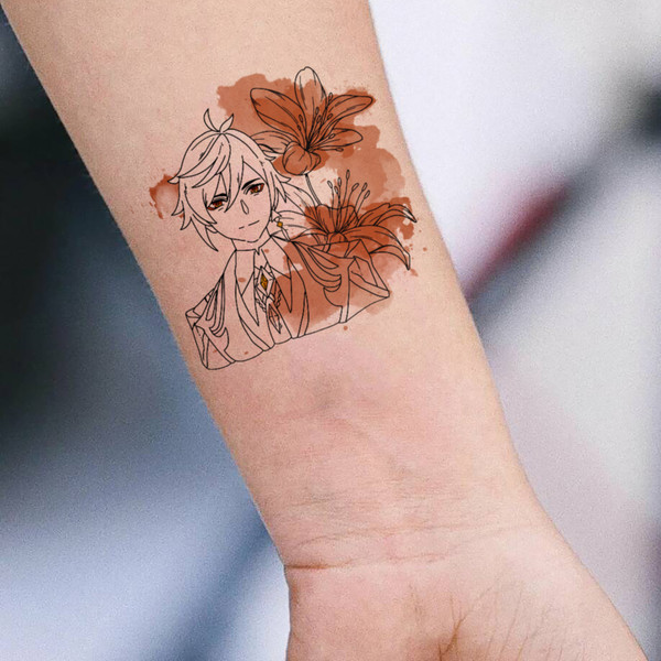 Zhongli fake tattoo Genshin Impact game Temporary sticker tat Chinese kawaii gift Otaku weeb design Geek colorful art