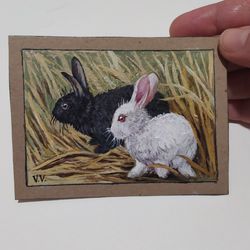 Rabbit  Painting Aceo Original Art Collection card Animal mini artwork Artist Trading cards 2.5x3.5 inches by LanaArt