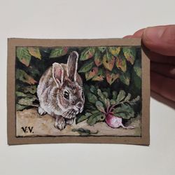 Rabbits painting Aceo original art Artist trading cards Rabbit mini art Animal miniature 2.5x3.5 inches by lanaArt