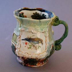 Large handmade ceramic mug Mug with decor Patchwork style Bird, plant prints Volumetric decor colorful glaze home decor