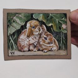 Rabbit Aceo Original Art Collection card Animal mini painting Artist Trading cards Rabbit miniature 2.5x3.5 inches