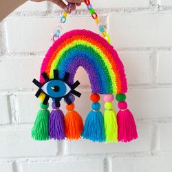 Neon rainbow punch needle, Unique wall decoration, Colorful boho home decor, Perfect gift idea, Eclectic home decor