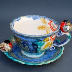 Blue tea cup and saucer set Bird figures Crystal glaze Handmade Porcelain Tea Set, Bird mug & saucer, Ceramic art