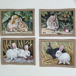 Set  of 4 mini art Rabbits Aceo original art Aceo Artist trading cards Animal miniature Rabbit artwork 2.5x3.5 inches