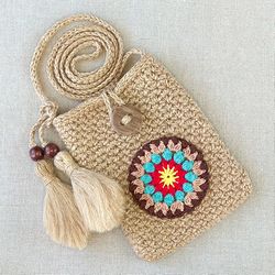 Crochet jute crossbody bag for women