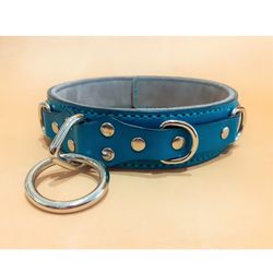 Handmade turquoise leather bdsm sub collar for men plus size