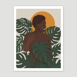 beautiful curvy black woman with monstera leaves, digital wall art, plus size black woman art, boho decor, body positive