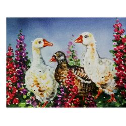 Farm Animals Painting Original Watercolor Art Work Geese Painting Poultryes Pictures Original Gift Idea