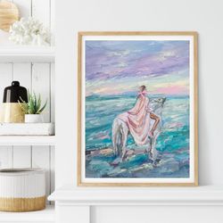 seascape painting girl original art beach painting sunset wall art horse art