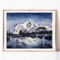 Night Sky Landscape Watercolor Painting, Original Art, Mountain Painting, Best Wall Art for Living Room