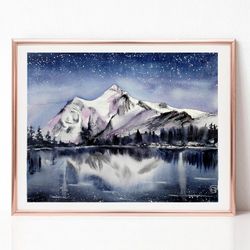 night sky landscape watercolor painting, original art, mountain painting, best wall art for living room
