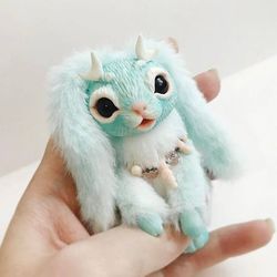 Fantasy creature doll. Sky blue rabbit miniature cute OOAK Bunny ART toy polymer clay sculpture. Collectible bunny toy