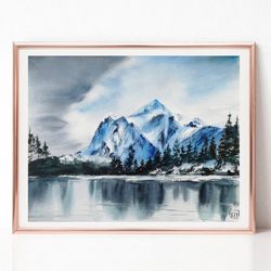 Neutral Landscape Watercolor Painting, Original Art, Mountain Painting, Lake House Decor, Best Wall Art for Living Room