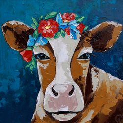 Cow Painting Animal Original Art Impasto Artwork Farmhouse Wall Art Rustic Decor 25 by 25 in