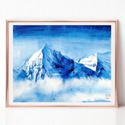 Everest Mountain Painting, Blue Landscape Watercolor Painting, Original Art for Sale, Best Wall Art for Living Room