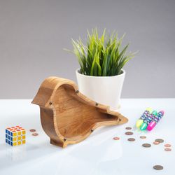 Wooden piggy bank BIRD - Personalise money box - Montessori wood eco gift for boy girl - Unique tip jar - Christmas gift
