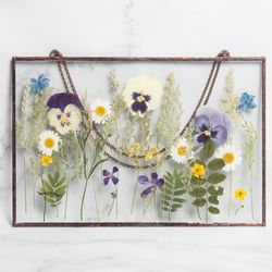 Frame with dried flowers Home decor modern living room Dried flower art Preserved flowers Pansies Daisies Mom gift