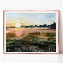 Sunset Painting, Neutral Landscape Watercolor Painting, Original Art for Sale, Best Wall Art for Living Room