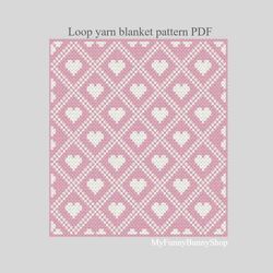 Loop yarn Finger knitted Hearts in Diamonds blanket pattern PDF Download