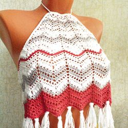 Tank top, T-shirt top crochet, Beach top white-red knitted