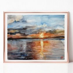lake sunset painting, neutral abstract art, landscape watercolor painting, original art, best wall art for living room