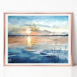 Lake Sunset Painting, Blue Landscape Watercolor Painting, Original Art for Sale, Best Wall Art for Living Room