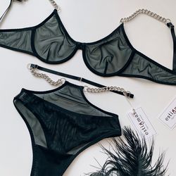 lingerie with chains, lingerie set, black lingerie, mesh lingerie
