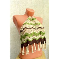 Tank top, Crochet T-shirt, Beige knitted beach top