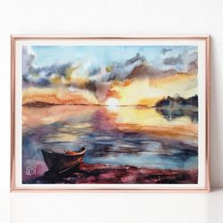 Lake Sunset Painting, Clouds Landscape Watercolor Painting, Original Art for Sale, Best Wall Art for Living Room