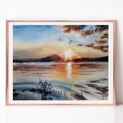 Clouds Landscape Watercolor Painting, Original Art for Sale, Lake Sunset Painting, Best Wall Art for Living Room