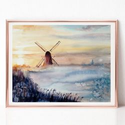 Foggy Sunset Painting, Neutral Landscape Watercolor Painting, Original Art for Sale, Best Wall Art for Living Room