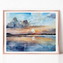 Clouds Landscape Watercolor Painting, Original Art for Sale, Best Wall Art for Living Room, Blue Lake Sunset Painting,