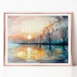 Lake Sunset Painting, Abstract Art, Landscape Watercolor Painting, Original Art for Sale, Best Wall Art for Living Room
