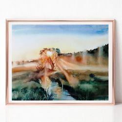 Sunset Painting, River Landscape Watercolor Painting, Green Original Art for Sale, Best Wall Art for Living Room