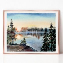 sunset art, pine tree forest landscape watercolor painting, original art for sale, best wall art for living room