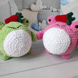 Plush frog toy, frog crochet toy, frog in strawberry hat, chonky crochet plush, stressball