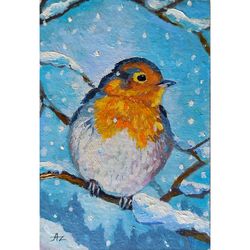 Robin Painting Bird Original Art Snowfall Oil Artwork Birds Wall Art Winter Landscape Snow