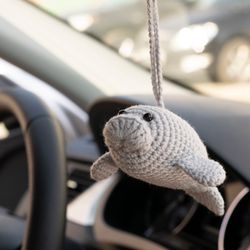 Manatee car hanging accessory for women, rear view mirror charm, cute crochet car pendant, stuffed manatee toy car decor