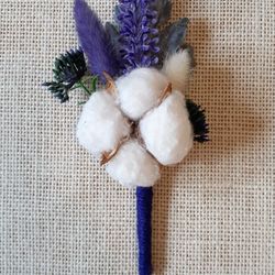 Rustic boutonniere, Cotton wedding boutonniere, Winter boutonniere, Cotton and lavender boutonniere