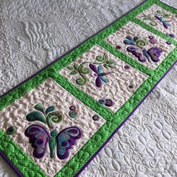 Quilted butterfly and dragonfly table runner, Mothers day quilted, Bed topper, Summer gift, Blue and green tablecloth