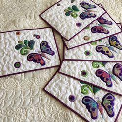 Quilted butterfly placemats, Mothers Day quilted gift, Easter table toppers, Blue-green mats, Quilted summer moms gift