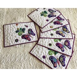 Quilted butterfly placemats, Mothers Day quilted gift, Easter table toppers, Blue-green mats, Quilted summer moms gift
