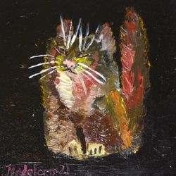 Original Hand Made Oil Painting Brave Cat Impasto Small Artwork 5x5 by NadyaLerm