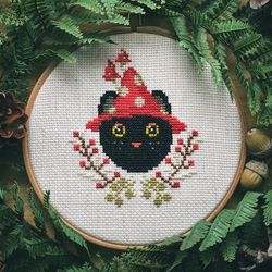 Black Cat in a Mushroom Hat Cross Stitch Pattern PDF, Magic Cat Embroidery Chart, Wizard Black Cat, Halloween Ornament