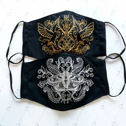 Goth black face mask set with embroidered: owl mask+ butterfly mask