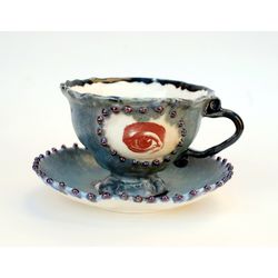 Beautiful handmade tea set Eye Cup and saucer set Fancy Tea Coffee Mug Pea relief Texture ceramics art fairy tale style