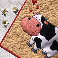 Two funny cows with hearts quilted table runner, Funny cows bed topper, Holiday tablecloth, Two cows quilted mat