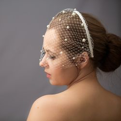 Wedding birdcage blusher veil, bridal hairband with pearl bandeau veil, beaded bachelorette veil, fascinator headband