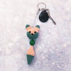 Crocheted fox to decorate the bag. Handmade accessory to decorate a backpack. Key ring. Original housewarming gift.
