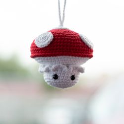 Red mushroom car hanging accessories for women, rear view mirror charm, stuffed mushroom cute car pendant, red car decor